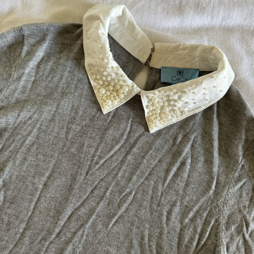 Cece gray and white pearl headed collared sweater - Picture 3 of 6